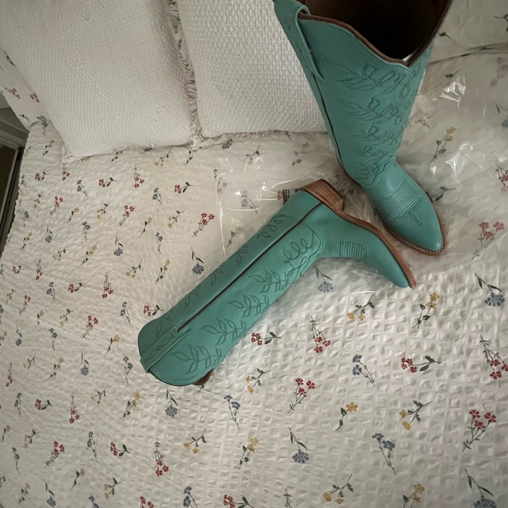 Turquoise Embroidered Knee-High Boots - Picture 4 of 11